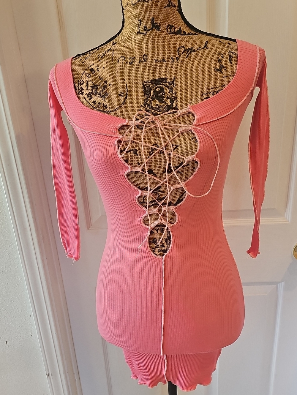 Fashion Nova Coral Pink Ribbed Lace-Up Off-Shoulder Mini Dress